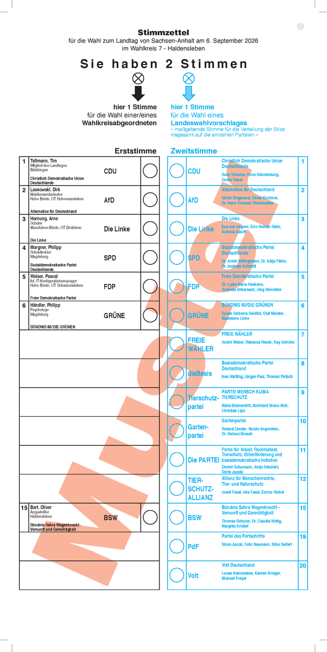Musterstimmzettel für den Wahlkreis 7 - Haldensleben