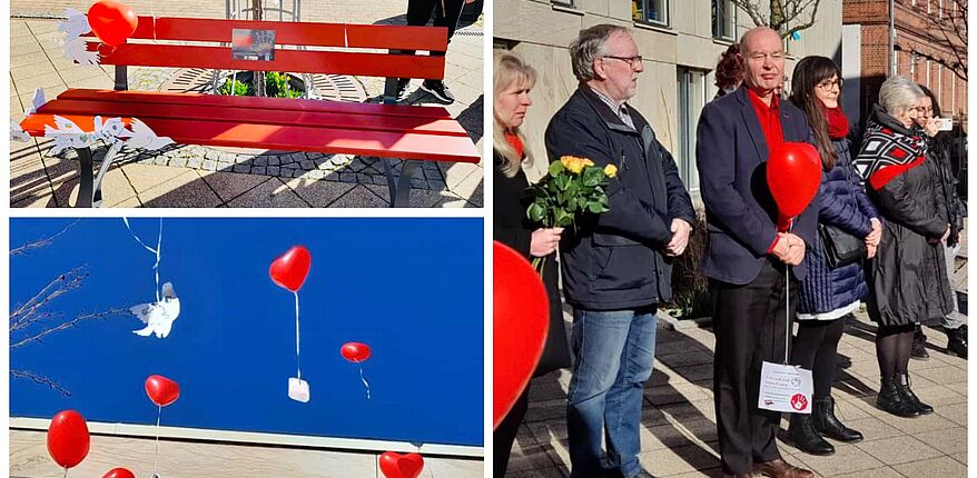 Gemeinsam gegen Gewalt / die „Rote-Bank-Aktion“ der Stadt Wolmirstedt und der Arbeitsgruppe Gewaltprävention wird von der Bevölkerung angenommen. Auf dem Fotos sind steigende Luftballons in Form von Herzen und die rote Bank zu sehen. 