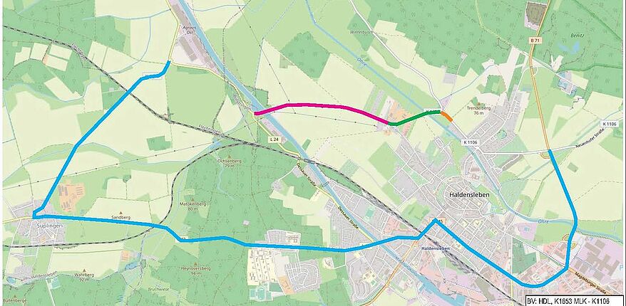 Grafik Landkreis Börde / Ab 12. Juni 2023 wird die Kreisstraße 1653 (Haldensleben/Bülstringen) zwischen Mittellandkanalbrücke und der Einmündung Satueller Straße, Haldensleben (in die K 11069, wegen Fahrbahnerneuerung für den Verkehr voll gesperrt