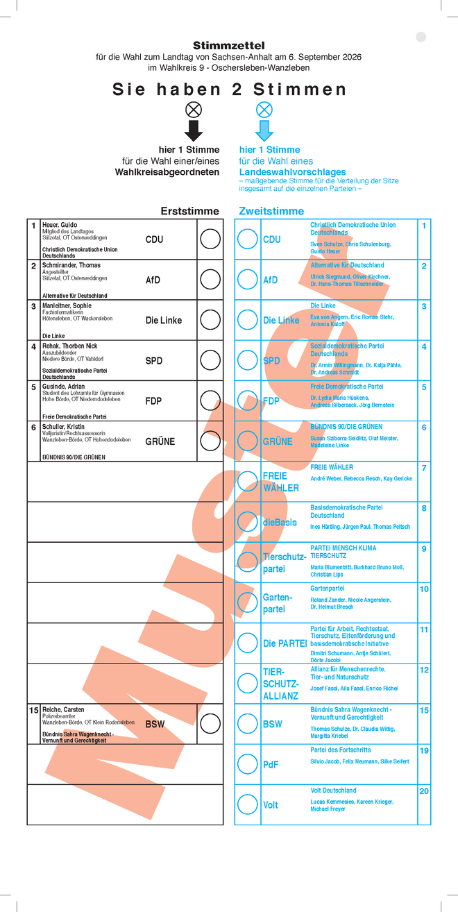 Musterstimmzettel Wahlkreis 9 - Oschersleben-Wanzleben