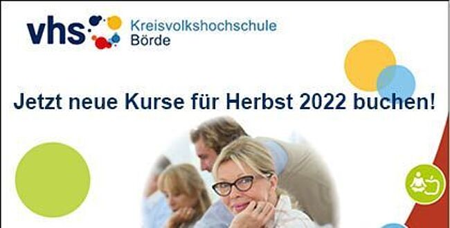 Das Bild zeigt die Titelseite des neuen Progammheftes der Kreisvolkshochschule Börde. Sozusagen alle Kursangebote von August bis Dezember 2022 auf einen Blick.