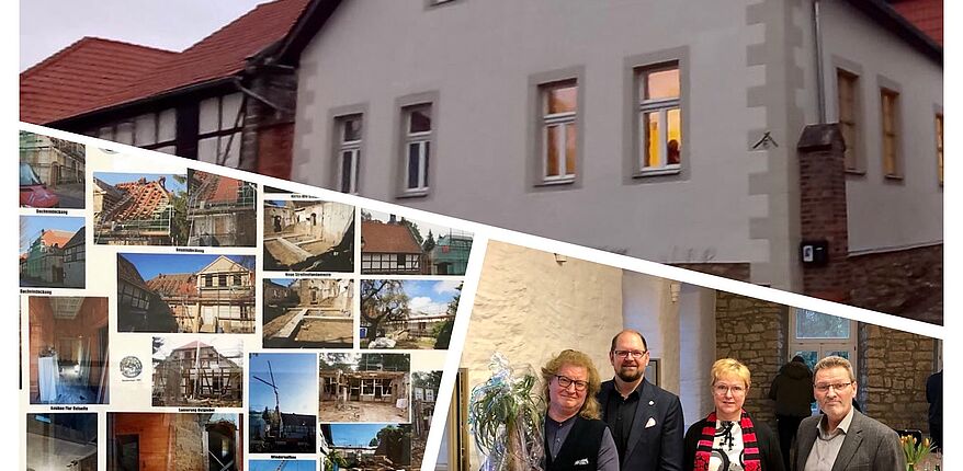 Das Foto ist eine Collage, die zum einen das Haus von außen und eine Tafel zeigt, auf der in Bildern die einzelnen Bauabschnitte dargestellt sind. Auf dem dritten Bestandteil der Collage stehen von links nach rechts folgende Personen: Reinhard Falke / Bürgermeister Ummendorf, Landrat Martin Stichnoth, Gemeinderätin Astrid Jung-Beckmann und Frank Frenkel / Bürgermeister der Verbandsgemeinde Obere.