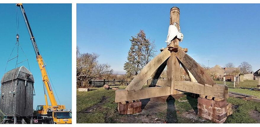 Landkreis Börde / 8. März 2023 (10:00 Uhr) ein wichtiger Meilenstein im Sanierungsablauf, die Windmühle Etingen auf den sanierten Bock per Kran zurückversetzt