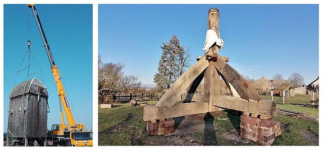 Landkreis Börde / 8. März 2023 (10:00 Uhr) ein wichtiger Meilenstein im Sanierungsablauf, die Windmühle Etingen auf den sanierten Bock per Kran zurückversetzt