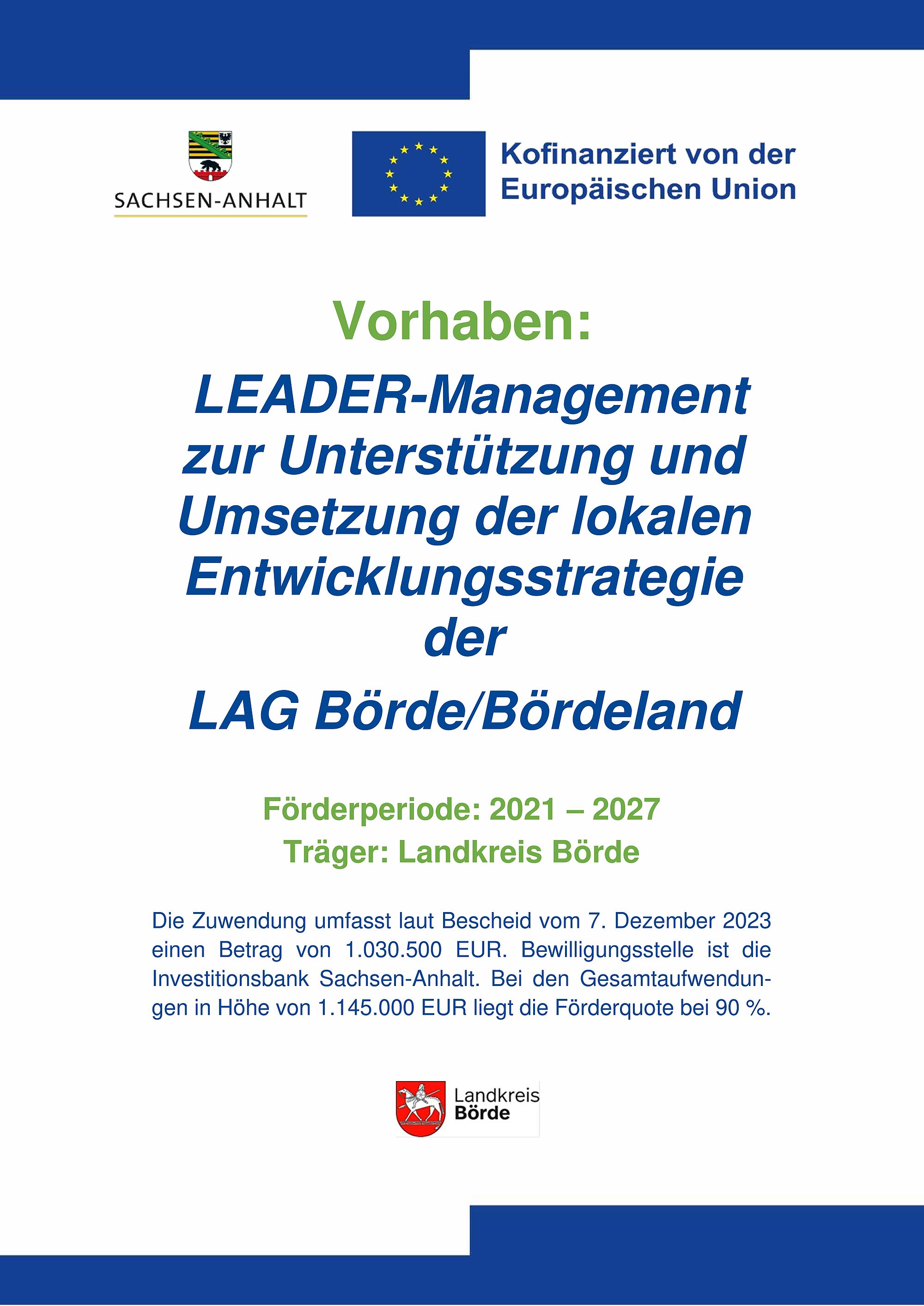 Vorhaben: LEADER-Management zur Unterstützung und Umsetzung der lokalen Entwicklungsstrategie der LAG Börde/Bördeland Förderperiode: 2021 – 2027 Träger: Landkreis Börde