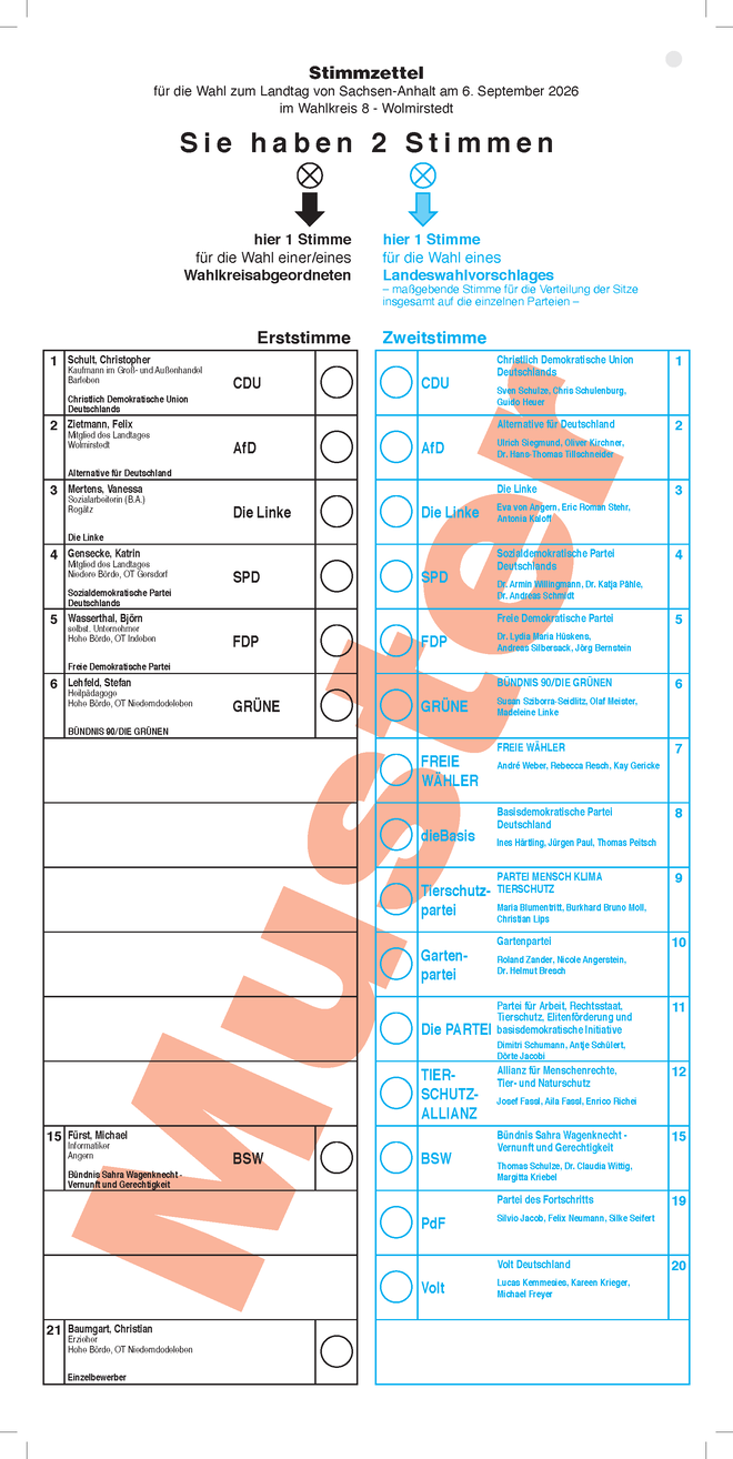 Musterstimmzettel Wahlkreis 8 - Wolmirstedt