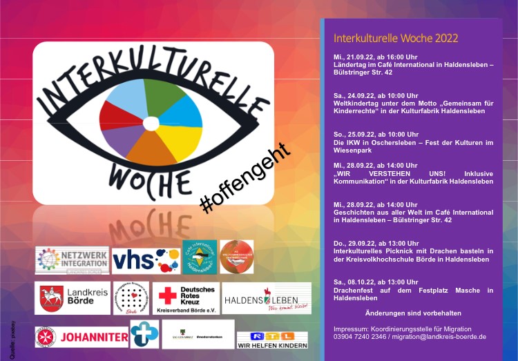 Das Plakat zur Interkulturellen Woche 2022 enthält verschiedene Veranstaltungsangebote.