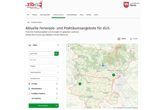 Screenshot der Praktikums- und Ferienjobbörse